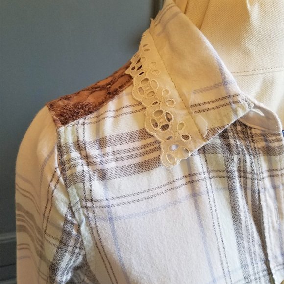 Upcycled Plaid Shirt Lace Eyelet Lace Green Lace OOAK - Picture 4 of 6